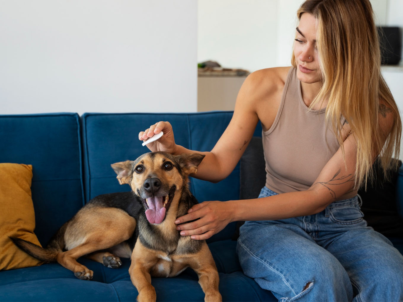 A person gently interacting with a dog