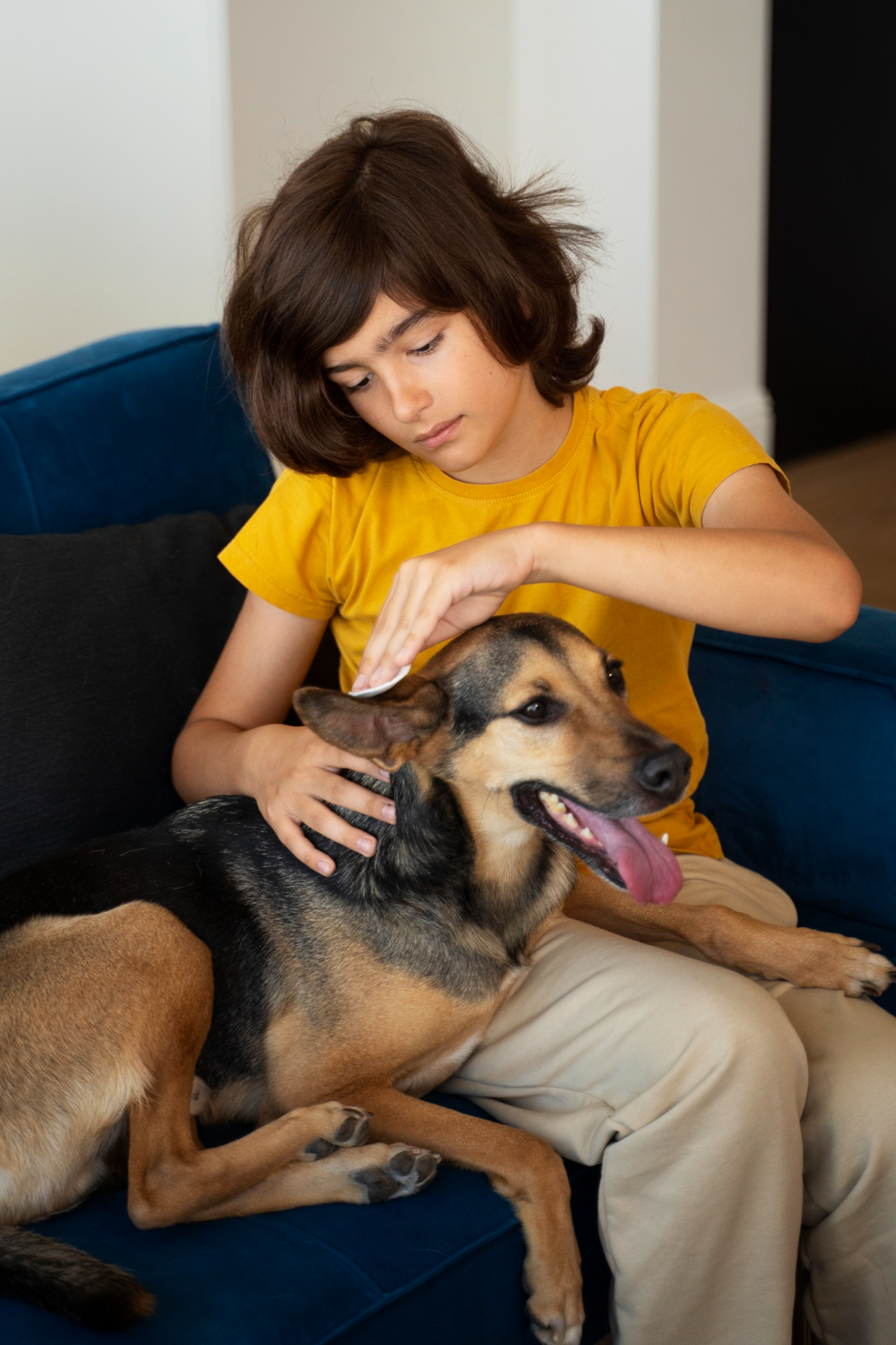 a gently petting a happy dog lying beside them