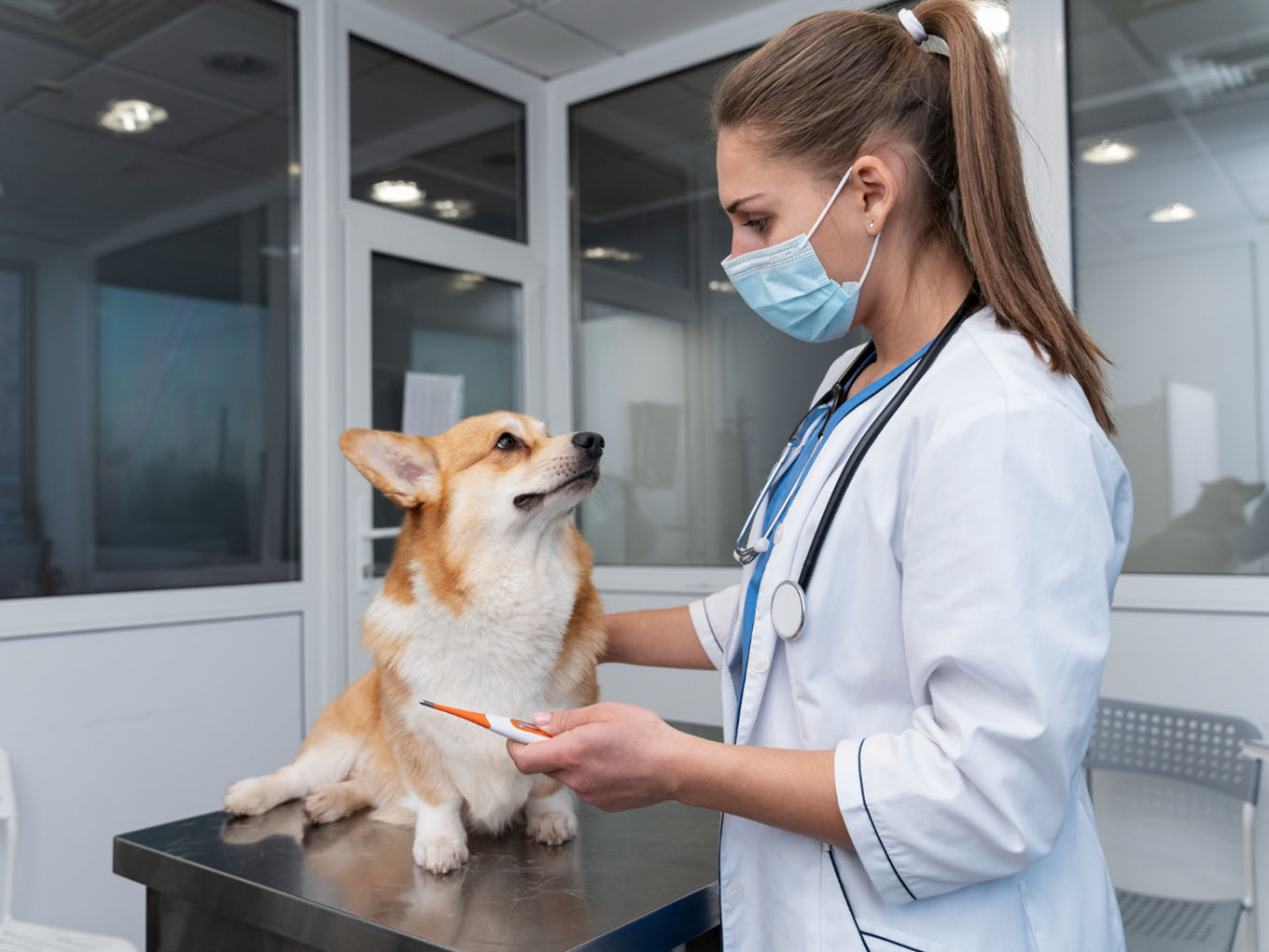 vet examines a corgi dog
